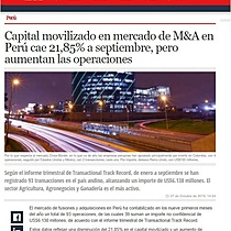 Capital movilizado en mercado de M&A en Per cae 21,85% a septiembre, pero aumentan las operaciones